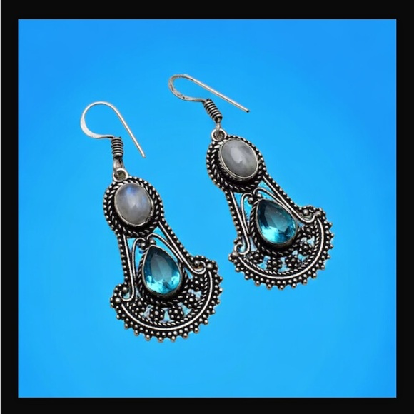 Rainbow Moonstone & Blue Topaz Drop Dangle Hook Style Earrings 2" L New With Tag - Picture 10 of 16